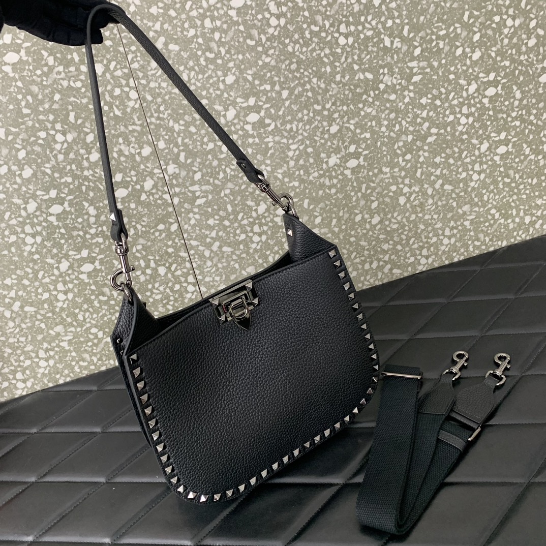 Valentino Garavani Rockstud Hobo Bag in Black Grainy Calfskin